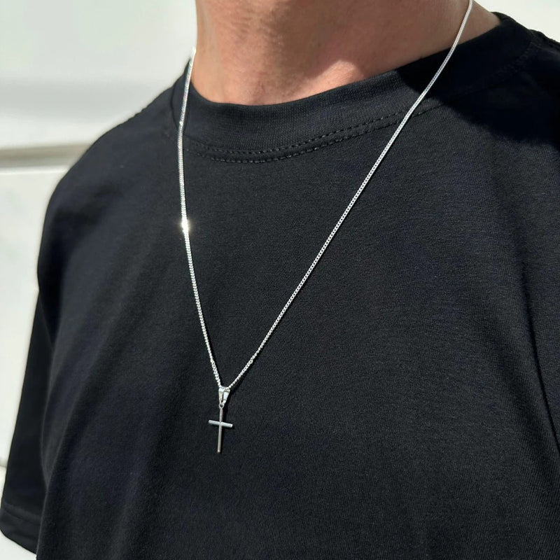 Cordão de Prata 1,5mm com Cruz Banho de Prata 50 Milésimos - Não Escurece
