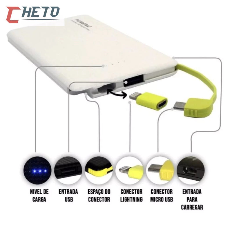 Carregador Portátil 10.000mAh Pineng com Conector iPhone/V8 (Power Bank)