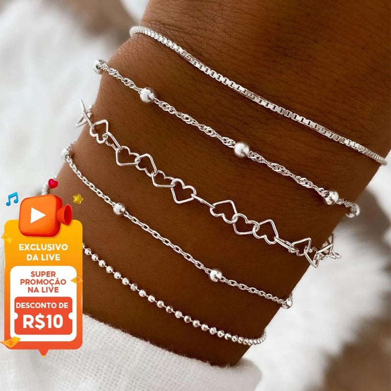 Conjunto de Pulseiras de Coração: 5 Peças Modernas para Mulheres