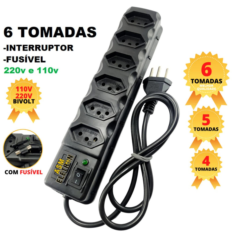 Régua de Tomadas Tripolar com Filtro e Fusível 10A