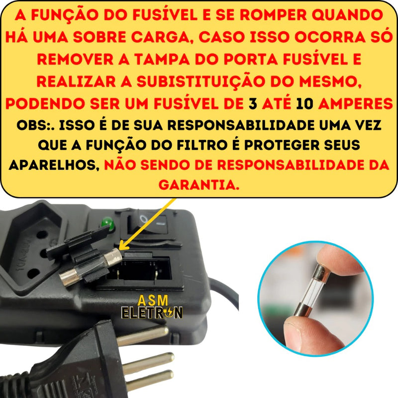Régua de Tomadas Tripolar com Filtro e Fusível 10A