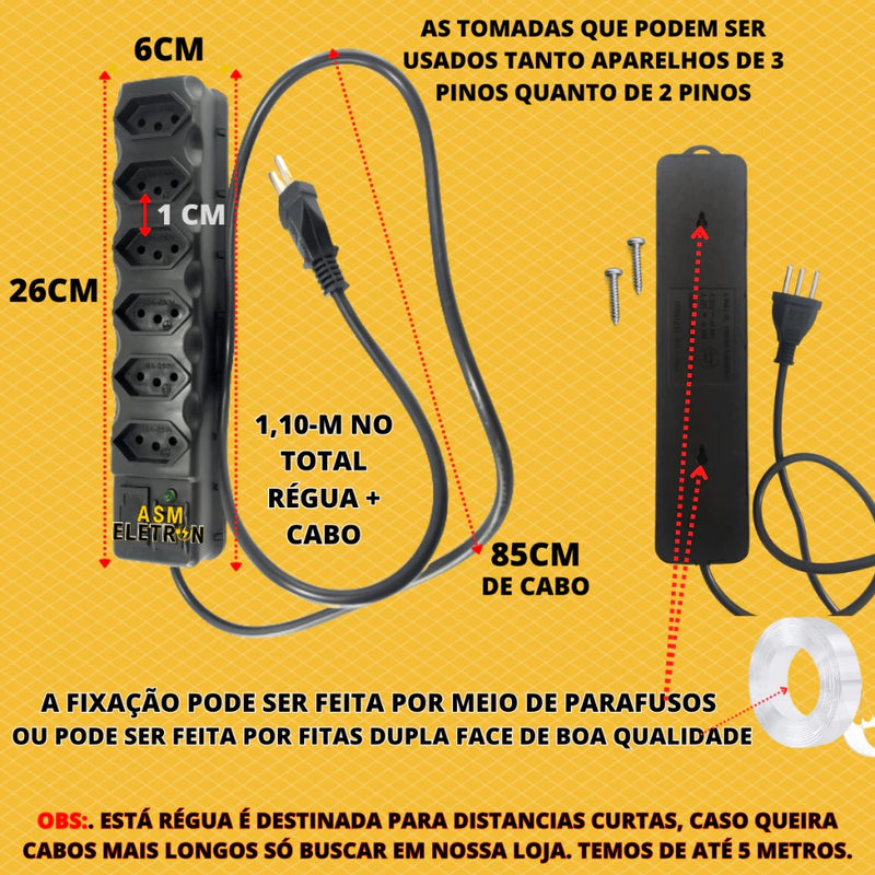 Régua de Tomadas Tripolar com Filtro e Fusível 10A